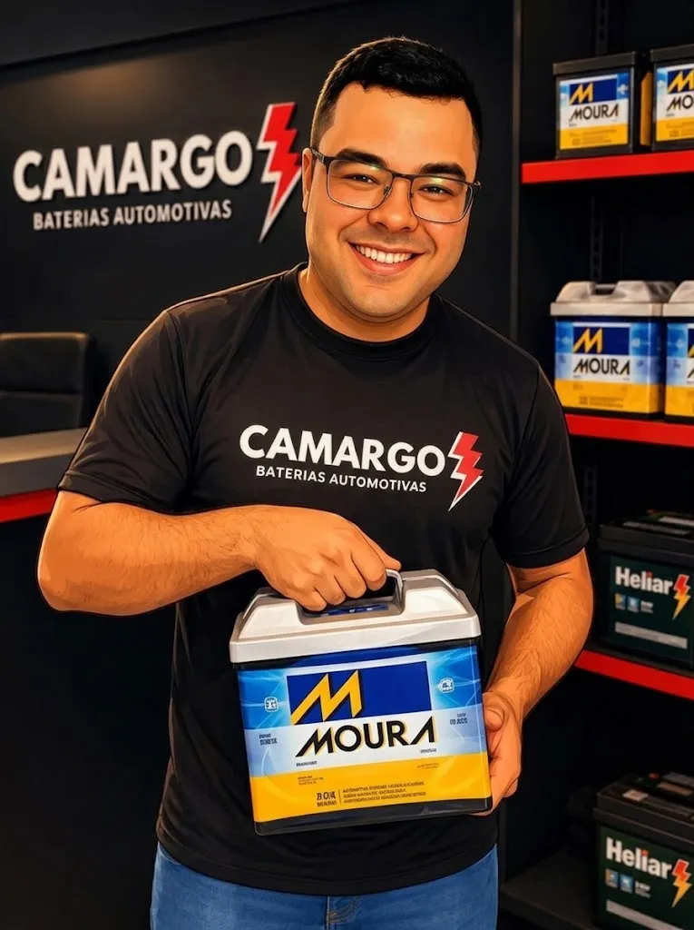 Atendente da Camargo Baterias segurando uma bateria Moura na loja